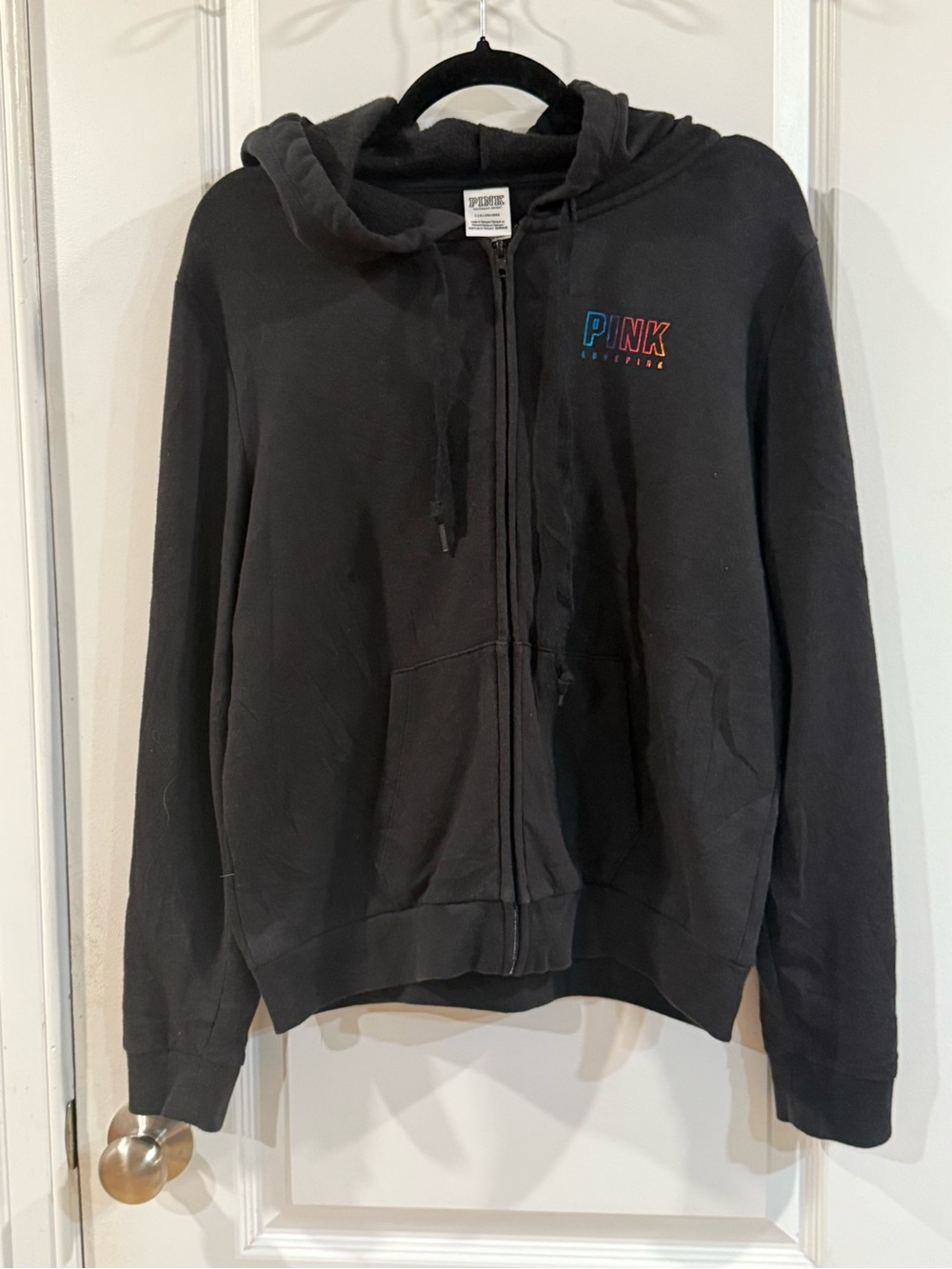 PINK Victoria's Secret Black Zip-Up Hoodie with Colorblock Logo